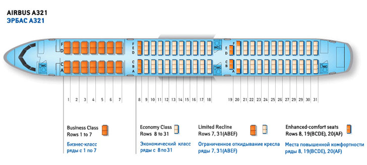 Airbus A321 схема салона самолета