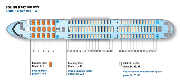 Boeing 767 BDI, BWT схема салона самолета