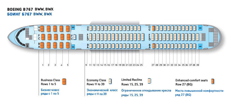 Boeing 767 BWW, BWX схема салона самолета