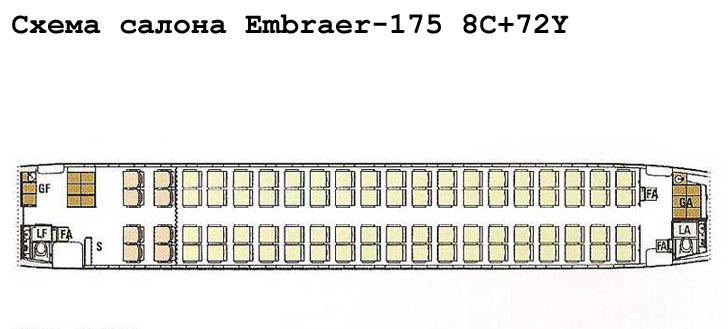Embraer 175 схема салона самолета с компоновкой 8C+72Y