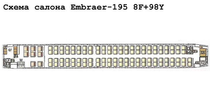 Embraer 195 схема салона самолета с компоновкой 8F+98Y