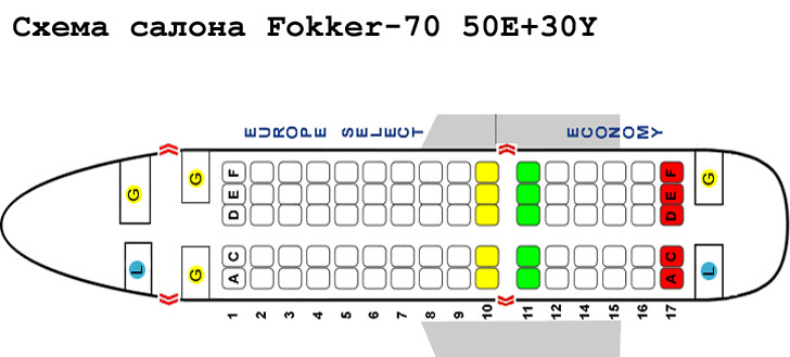 Fokker 70 схема салона самолета с компоновкой 50E+30Y