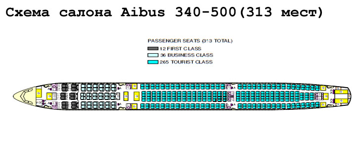  Airbus A340-500 схема салона самолета на 313 мест