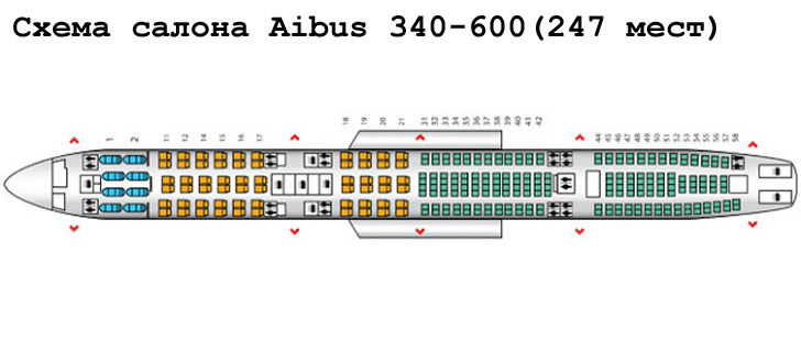  Airbus A340-600 схема салона самолета на 247 мест